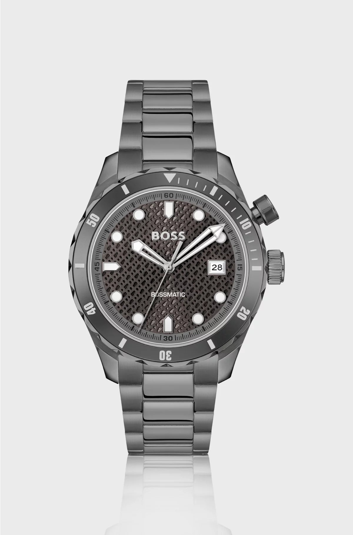 GREY-PLATED AUTOMATIC WATCH WITH MONOGRAM-TEXTURED DIAL