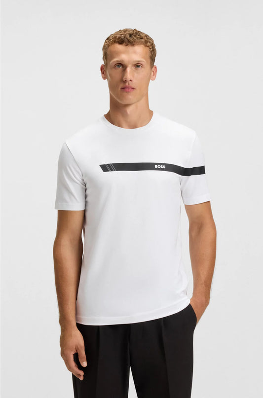 STRETCH-COTTON T-SHIRT WITH STRIPE AND LOGO